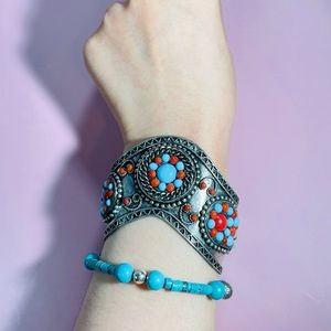 SPECTACULAR Vintage Sterling Silver CORAL & TURQUOISE Cuff BRACELET 50g
